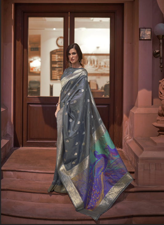 Steel Grey Banarasi Silk Saree with Printed Paithani Pallu