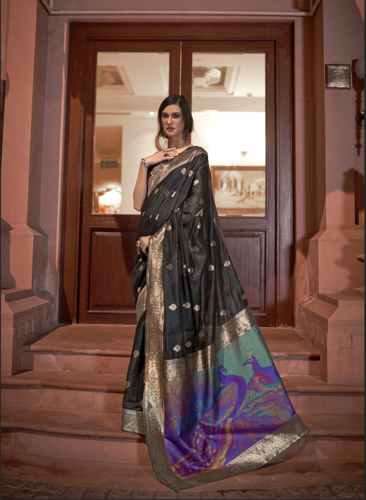 Soot Black Banarasi Silk Saree with Printed Paithani Pallu