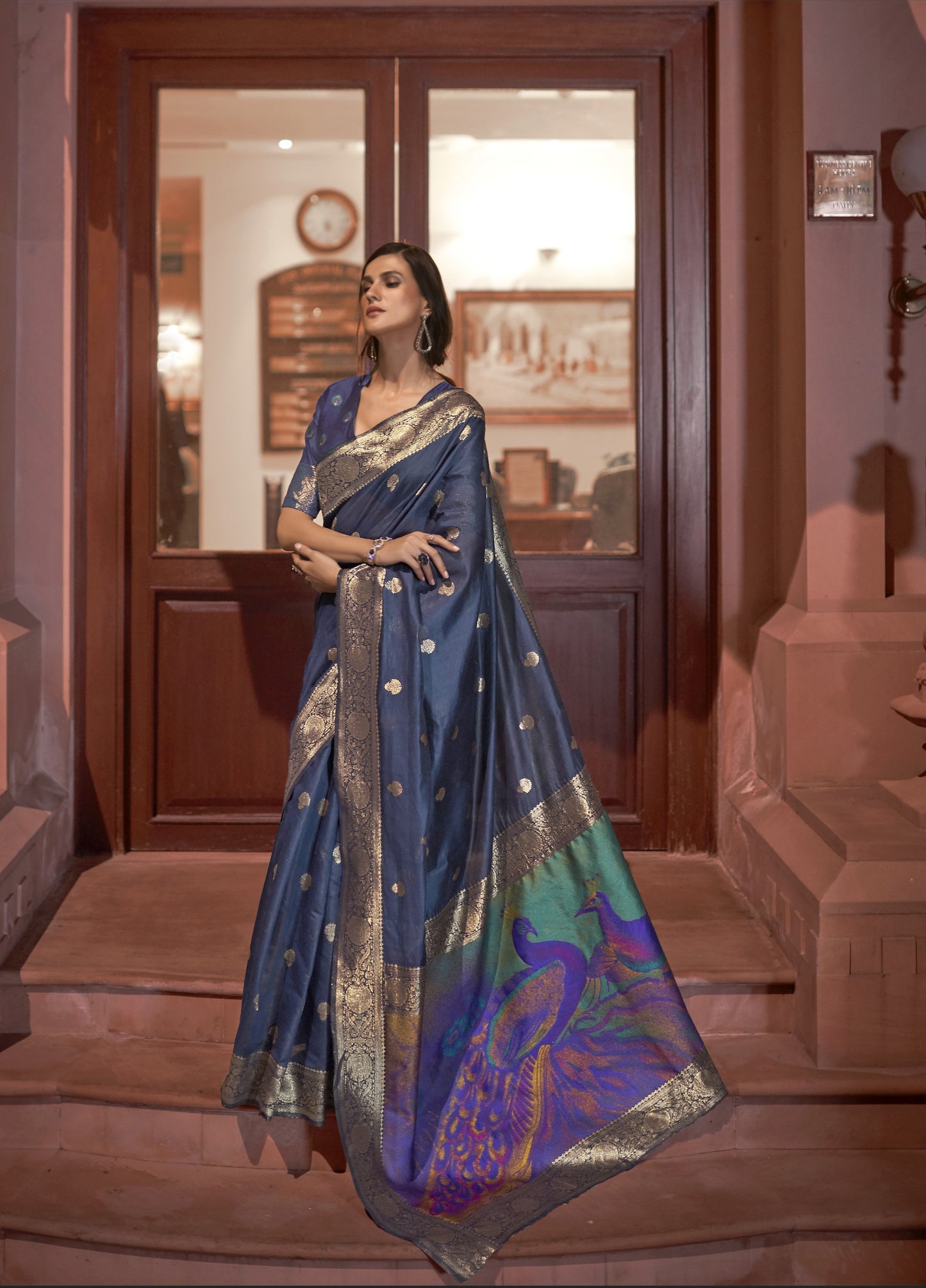 Aegean Blue Banarasi Silk Saree with Printed Paithani Pallu