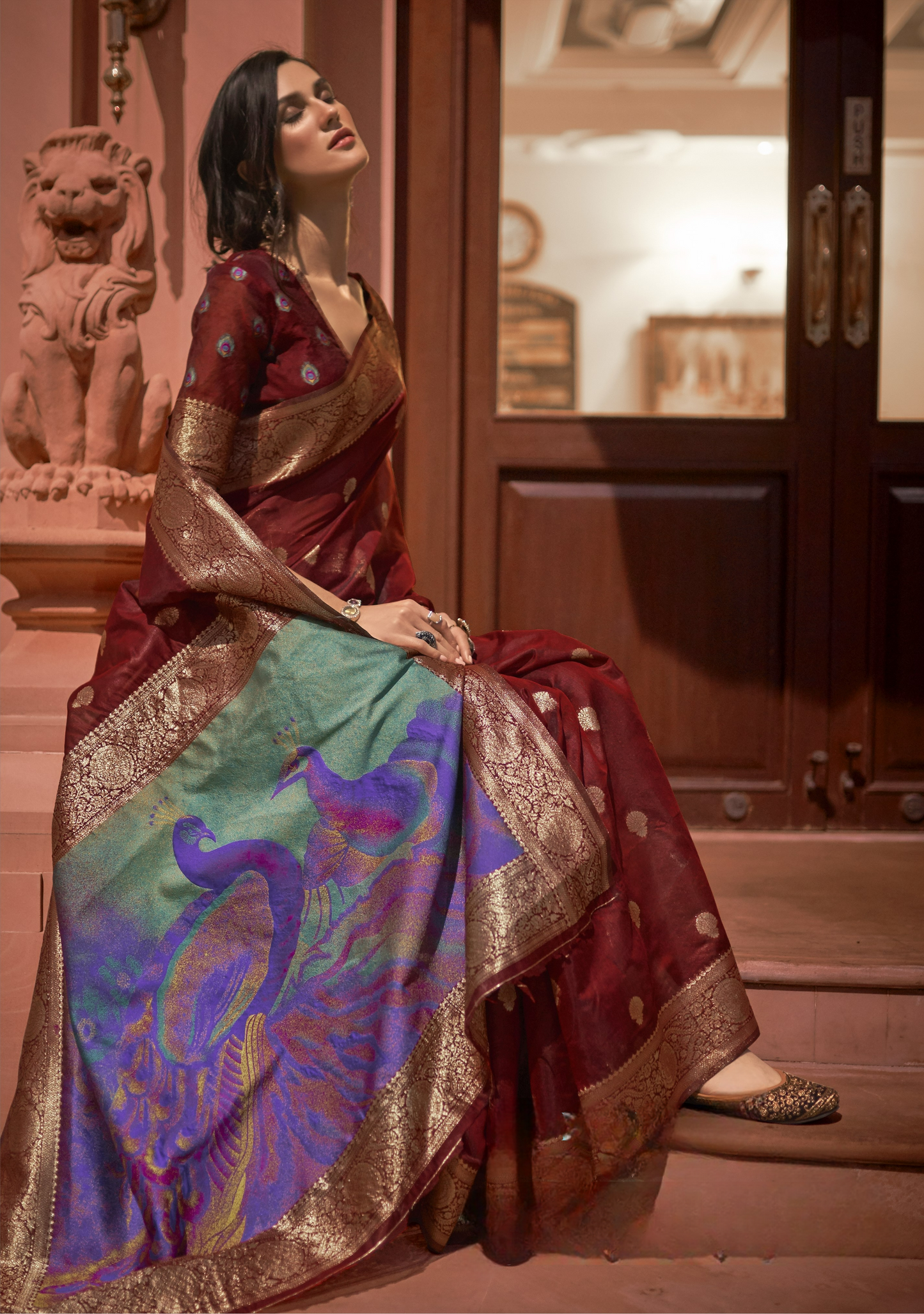 Falu Red Banarasi Silk Saree with Printed Paithani Pallu