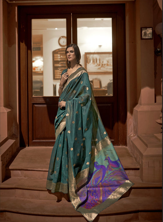 Ocean Blue Banarasi Silk Saree with Printed Paithani Pallu