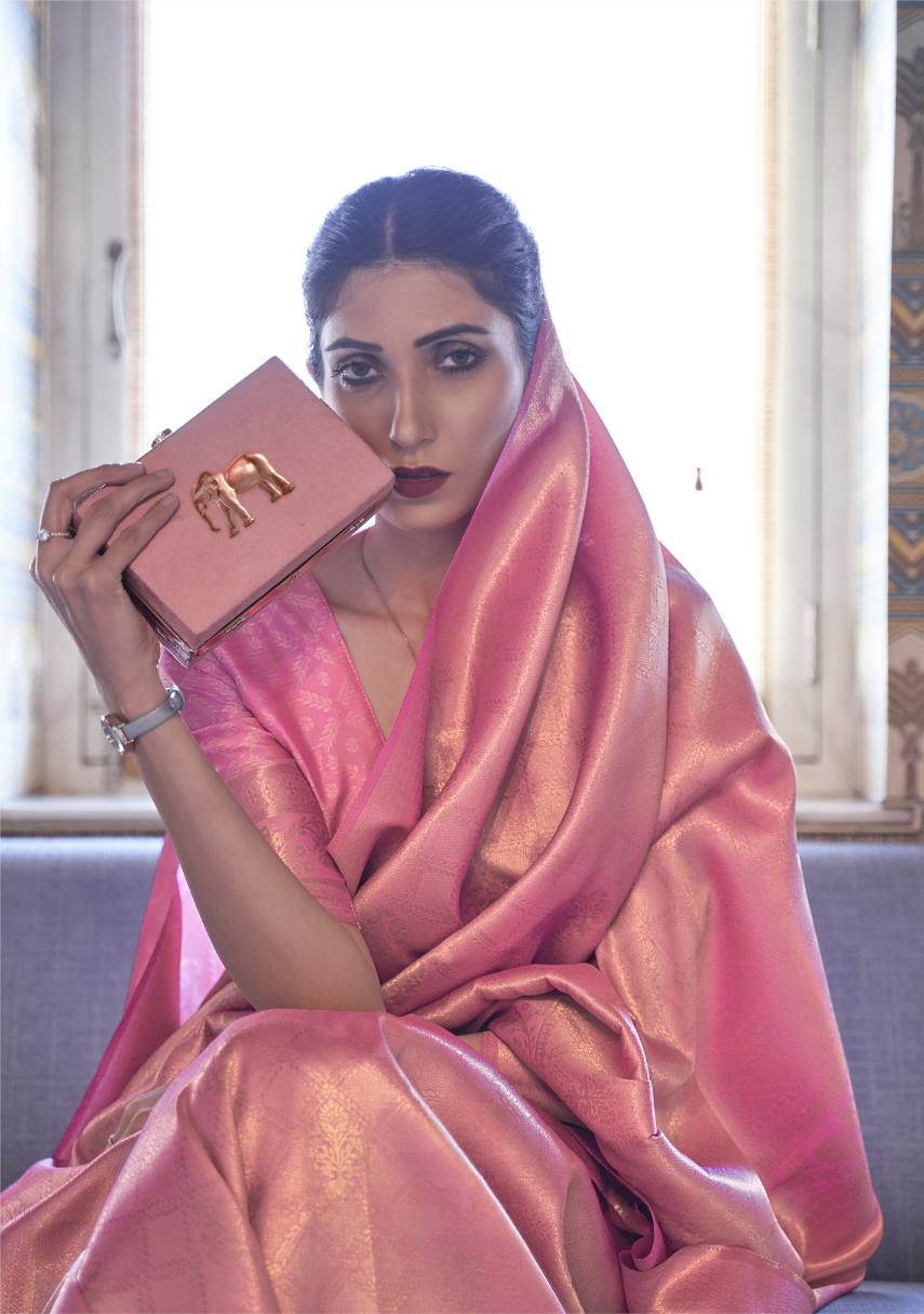 Rose Pink Brocade Woven Handloom Kanjivaram Silk Saree