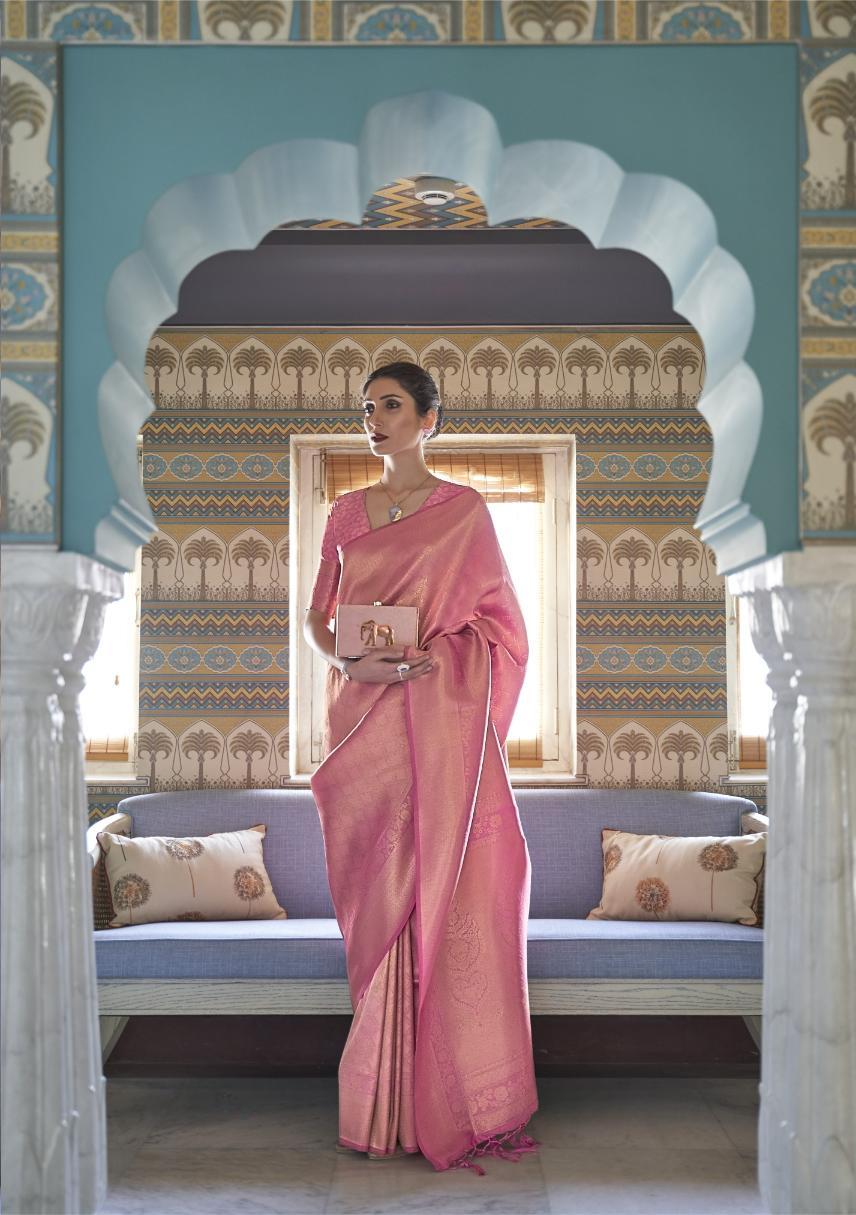 Rose Pink Brocade Woven Handloom Kanjivaram Silk Saree