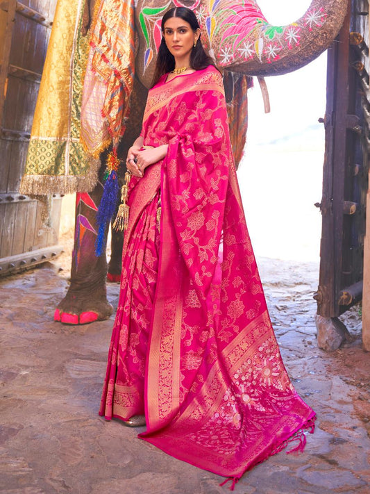 Rani Pink Banarasi Handloom Soft Silk Saree