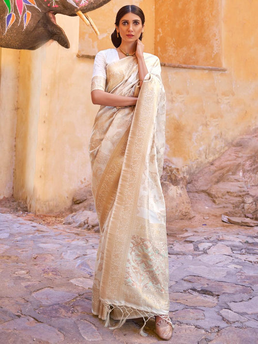 Butter White Banarasi Handloom Soft Silk Saree