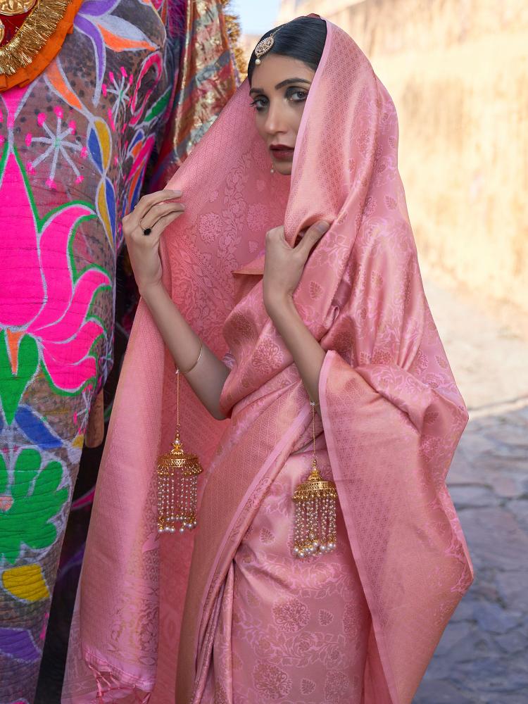 Salmon Pink Handloom Woven Kanjivaram Silk Saree