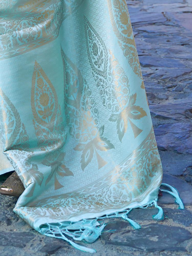Ice Blue Handloom Woven Kanjivaram Silk Saree
