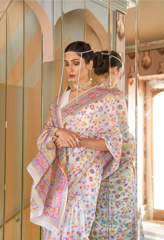 Ivory White Kashmiri Kani Jamewar Saree