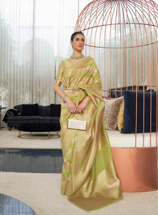 Pear Green Striped Organza Silk Saree