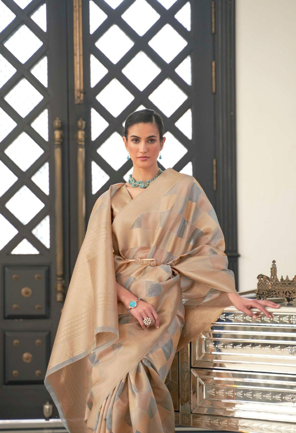 Cloud Grey Striped Organza Silk Saree