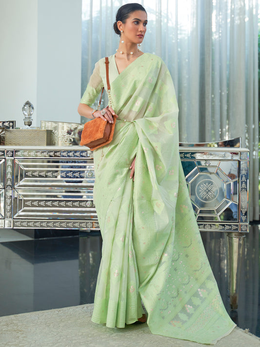 Pistachio Green Weaved Lucknowi Chikankari Saree