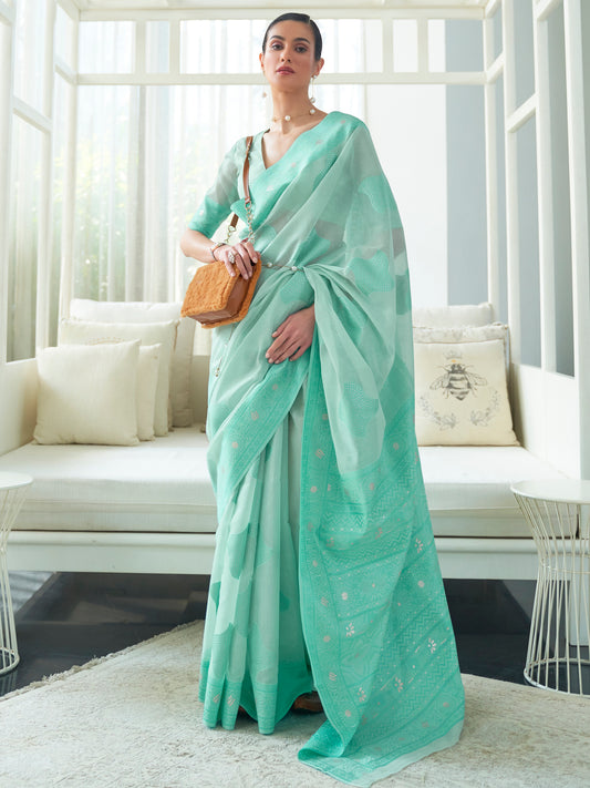 Seafoam Green Weaved Lucknowi Chikankari Saree