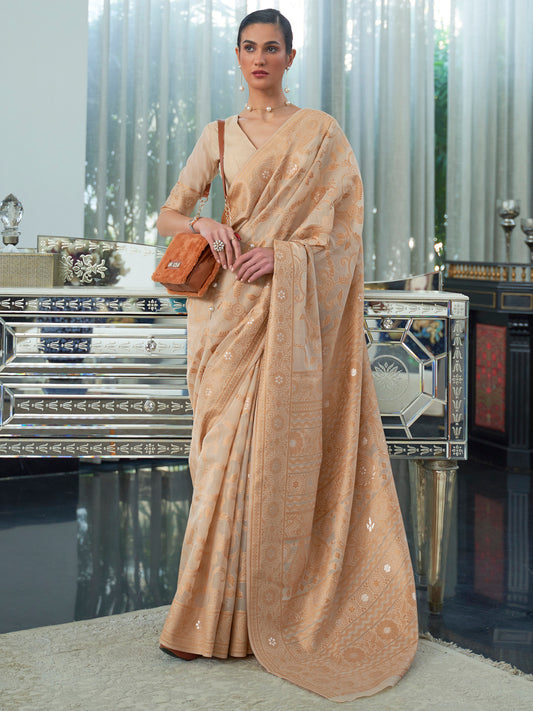 Chikoo Brown Weaved Lucknowi Chikankari Saree