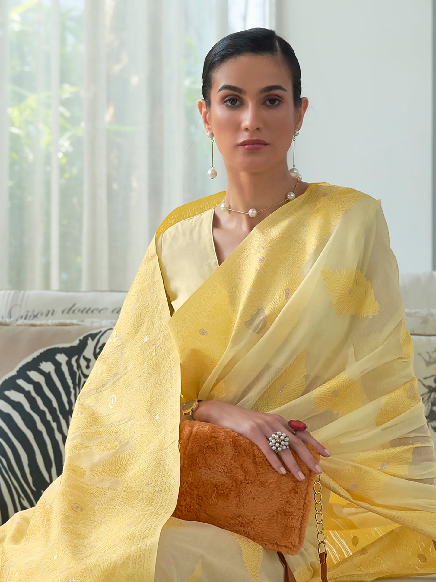 Macaroon Yellow Weaved Lucknowi Chikankari Saree