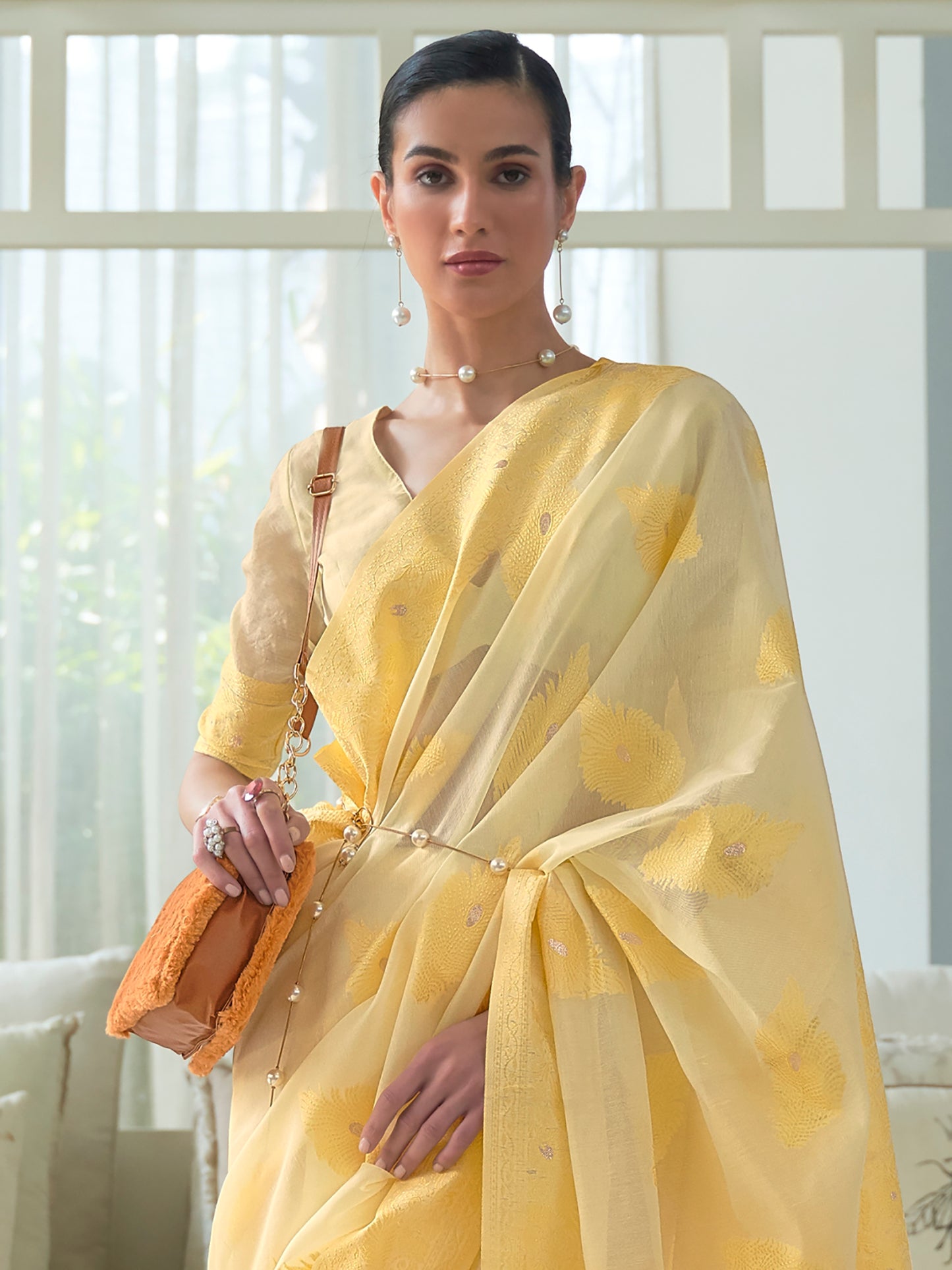 Macaroon Yellow Weaved Lucknowi Chikankari Saree