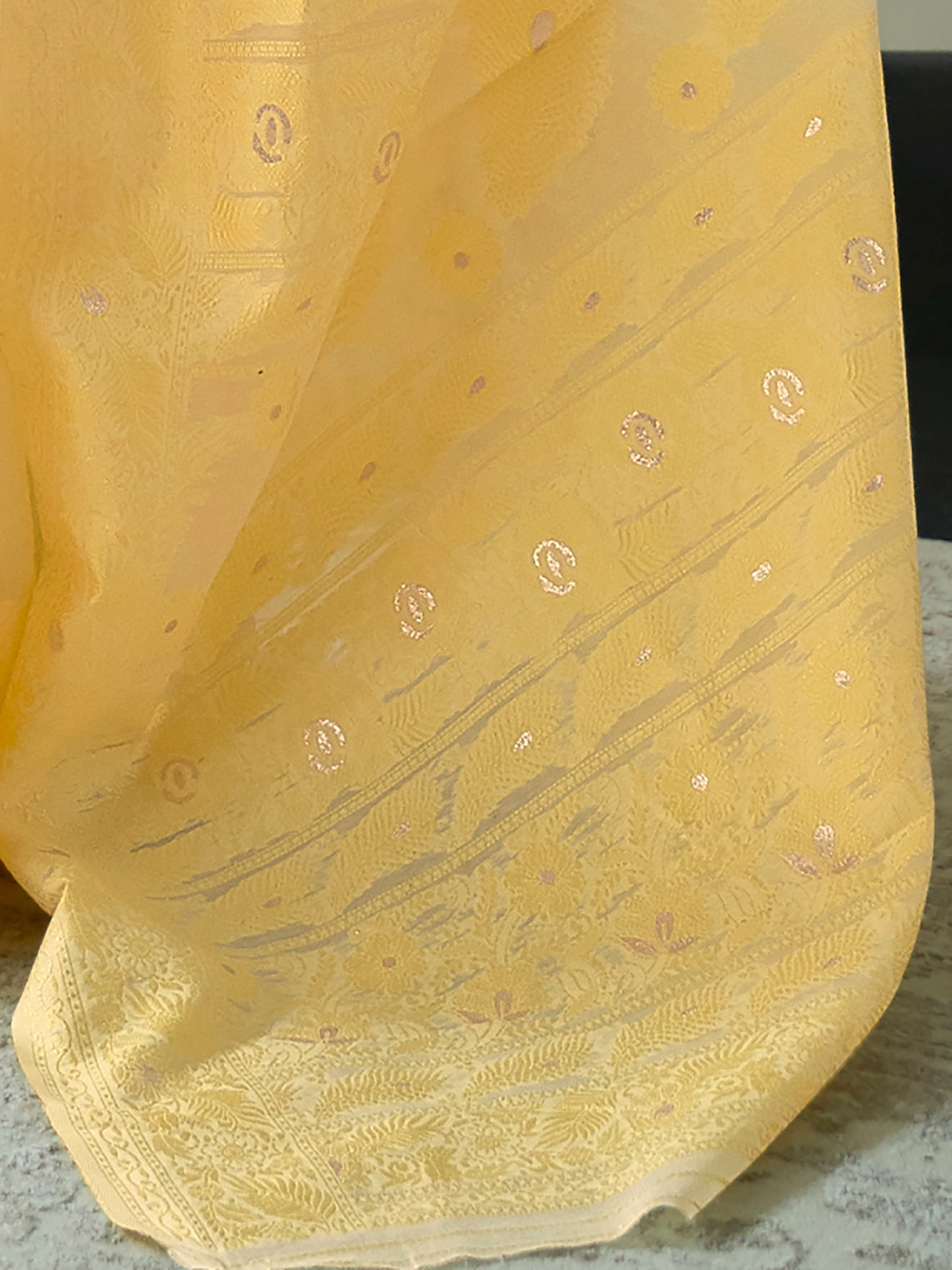 Macaroon Yellow Weaved Lucknowi Chikankari Saree