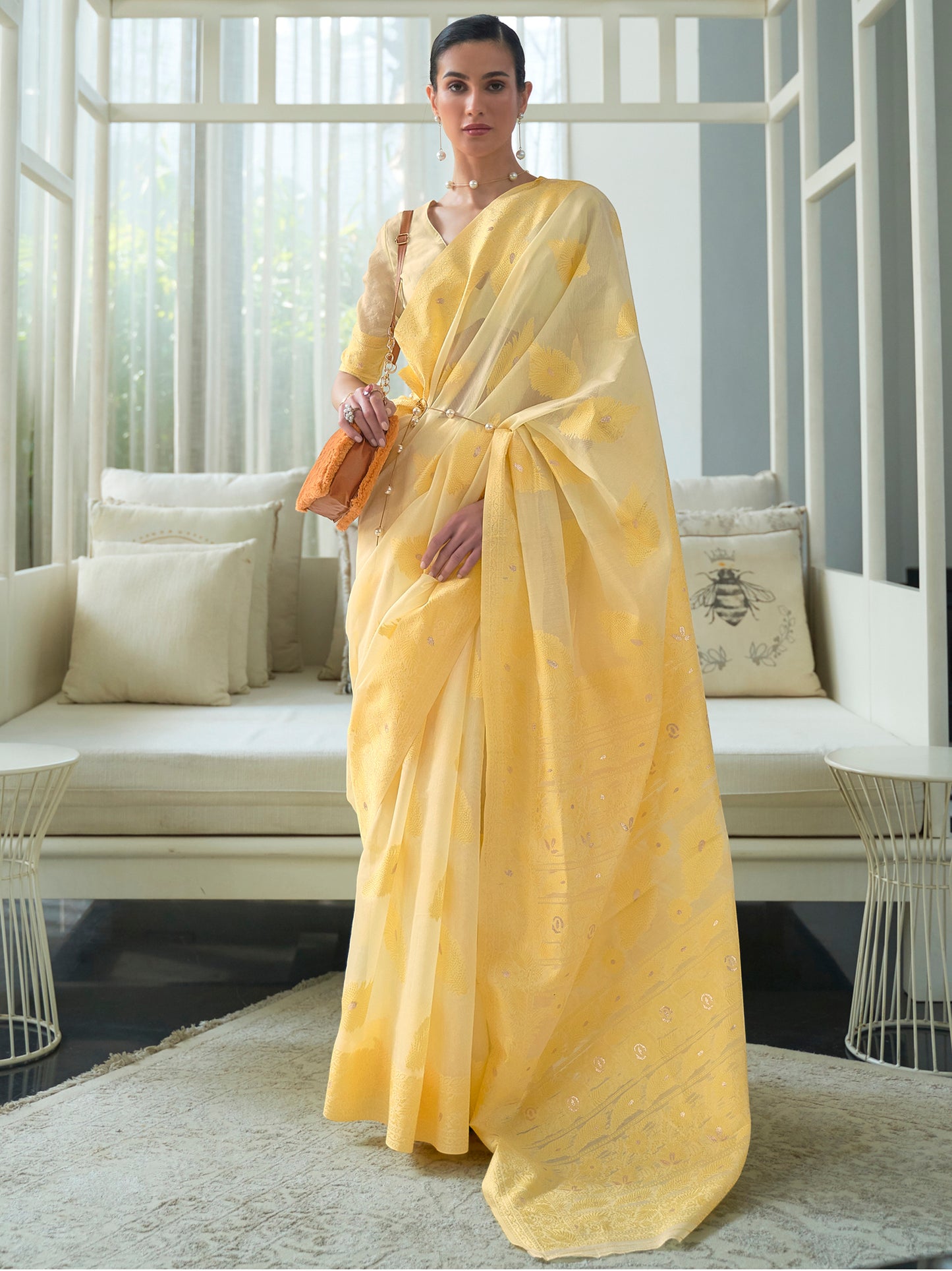 Macaroon Yellow Weaved Lucknowi Chikankari Saree