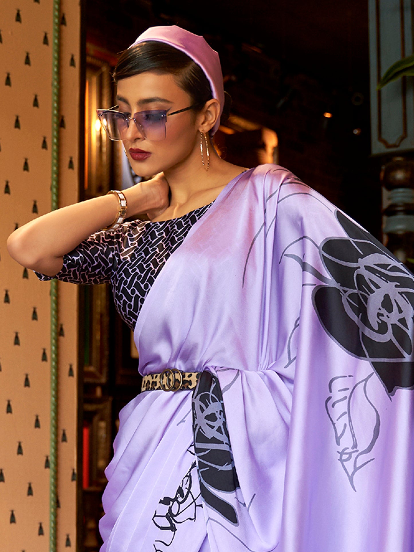 Bloom Lavendar Printed Satin Crepe Silk Saree