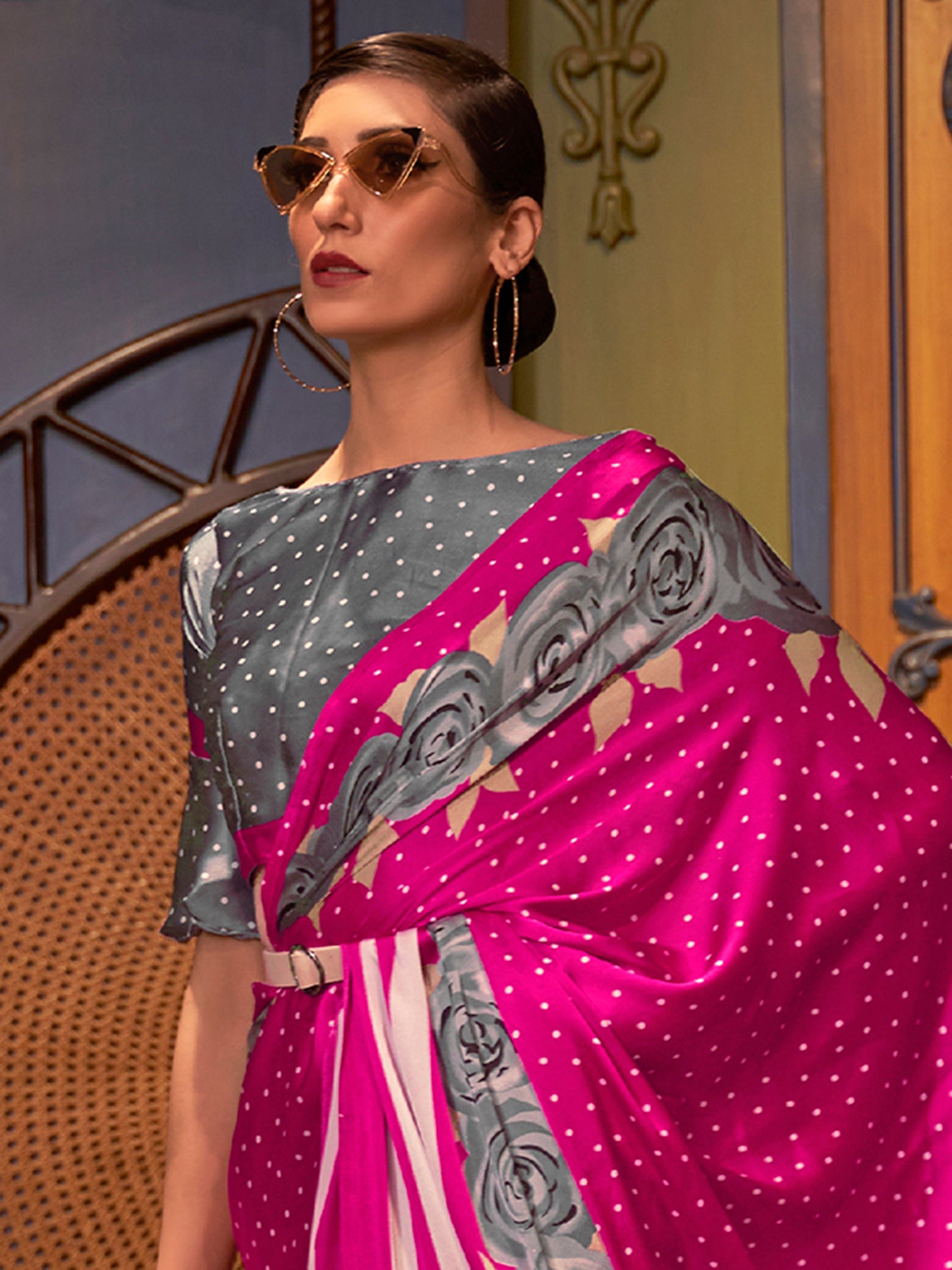 Hot Pink Printed Satin Crepe Silk Saree