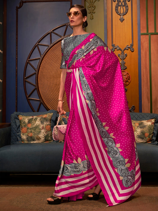 Hot Pink Printed Satin Crepe Silk Saree