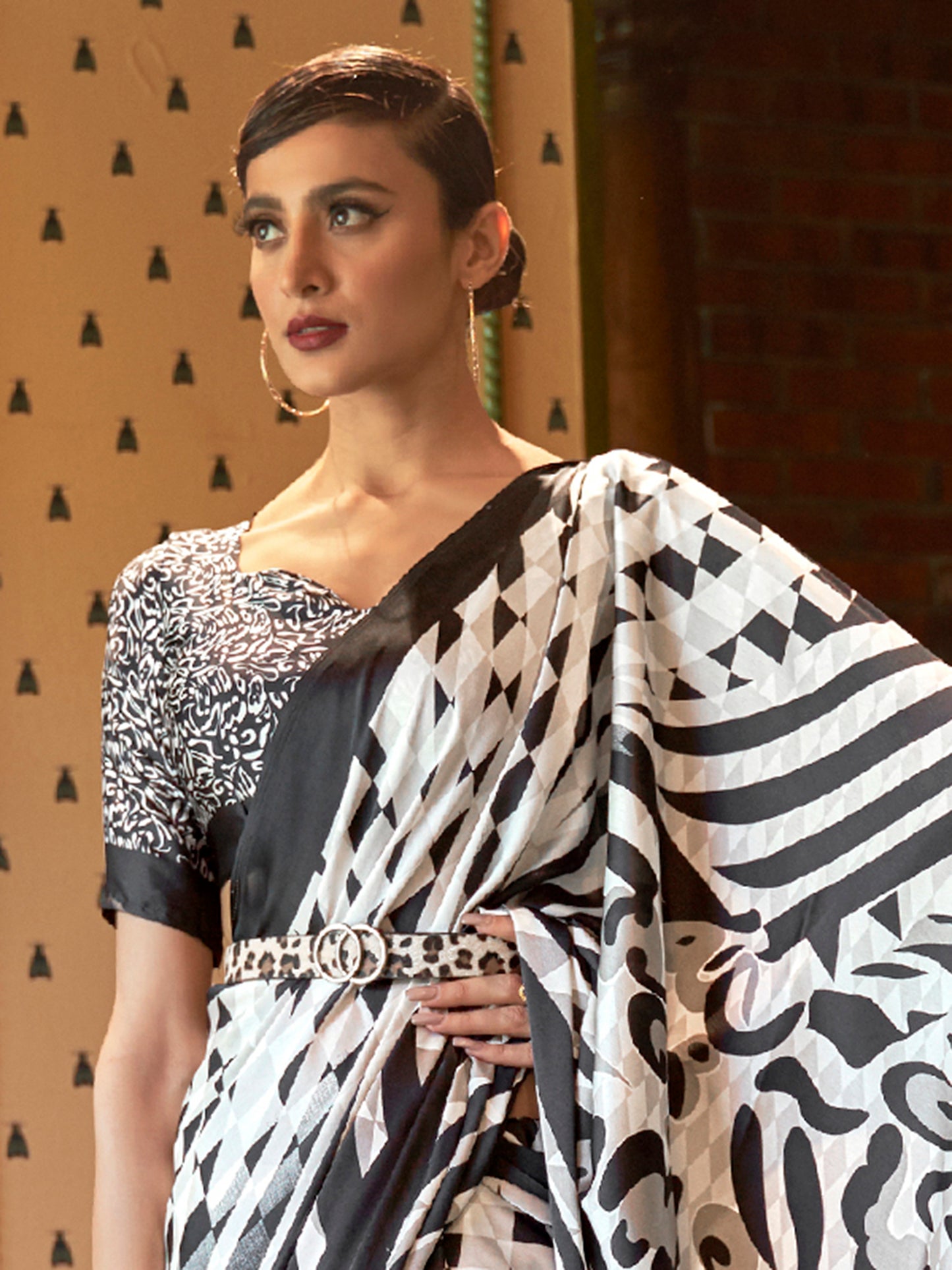 Black and White Printed Satin Crepe Silk Saree