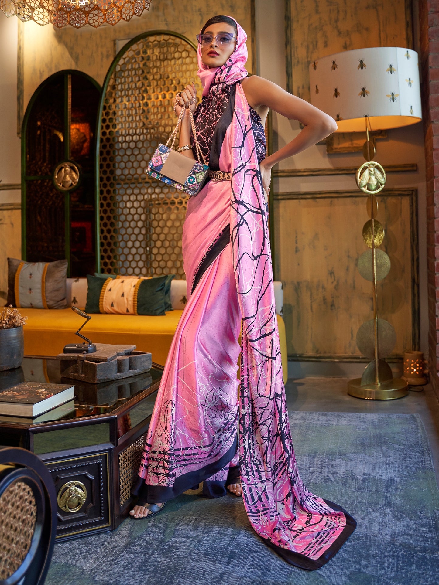 Taffy Pink Printed Satin Crepe Silk Saree