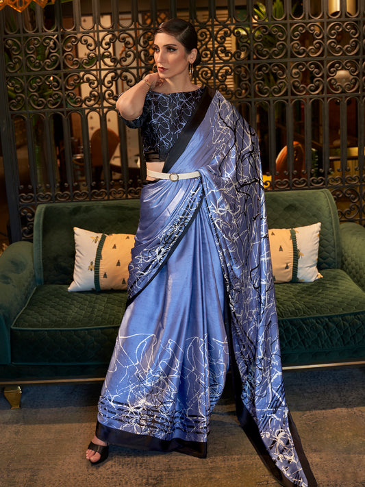 Cerulean Blue Printed Satin Crepe Silk Saree