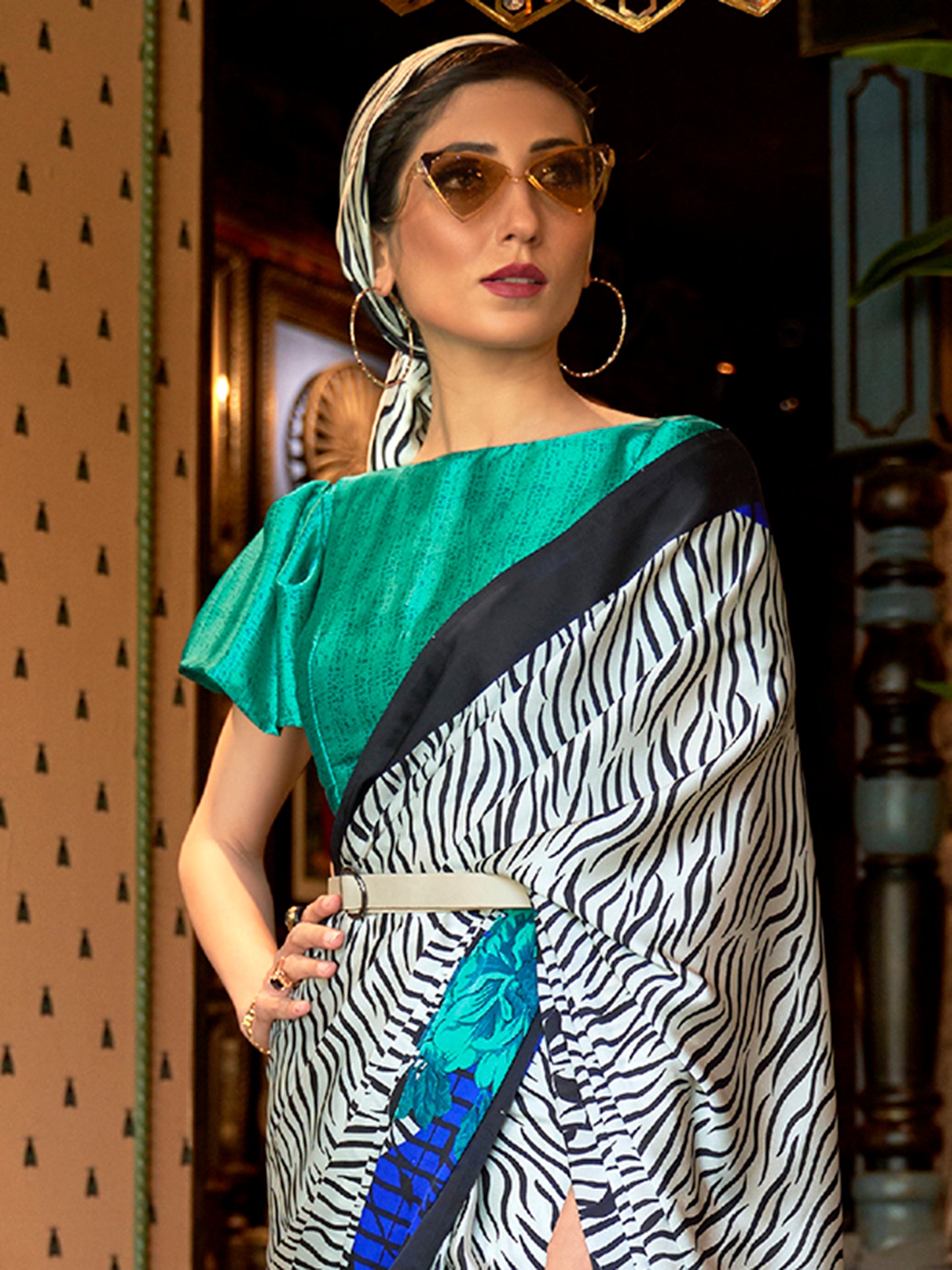 Blue and Green Printed Stripes Satin Crepe Silk Saree