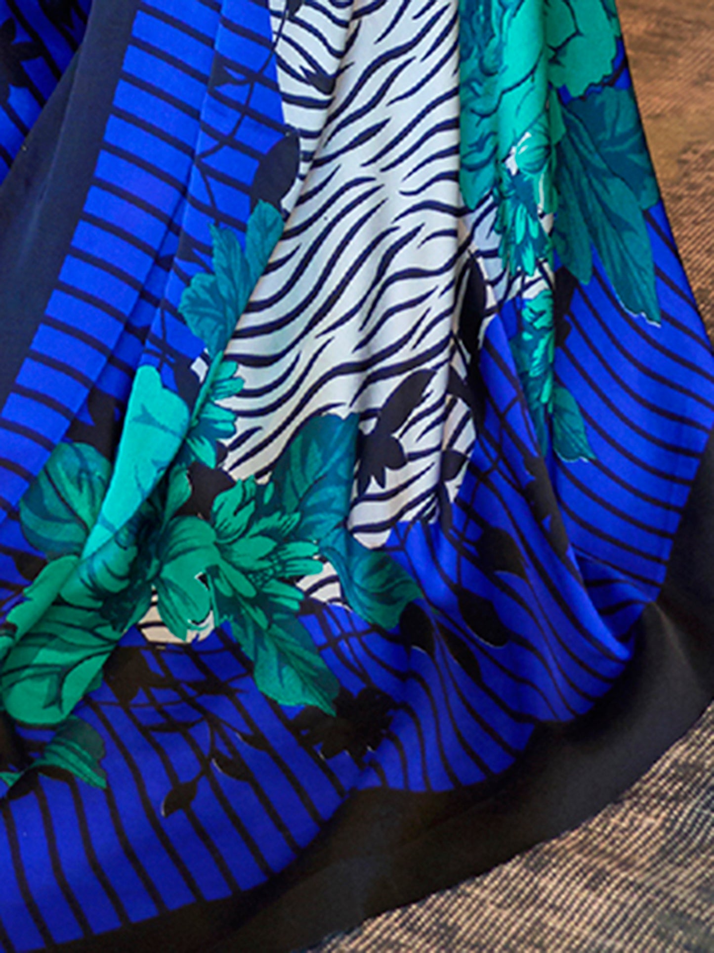 Blue and Green Printed Stripes Satin Crepe Silk Saree