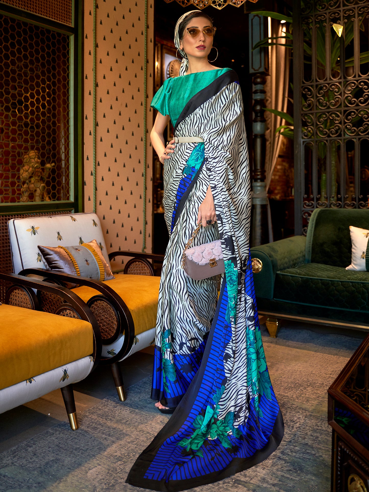 Blue and Green Printed Stripes Satin Crepe Silk Saree