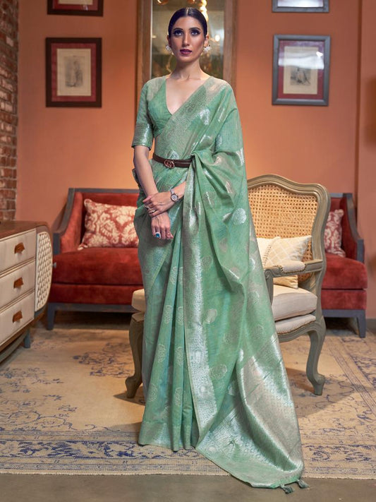 Seagreen Brocade Woven Linen Silk Saree