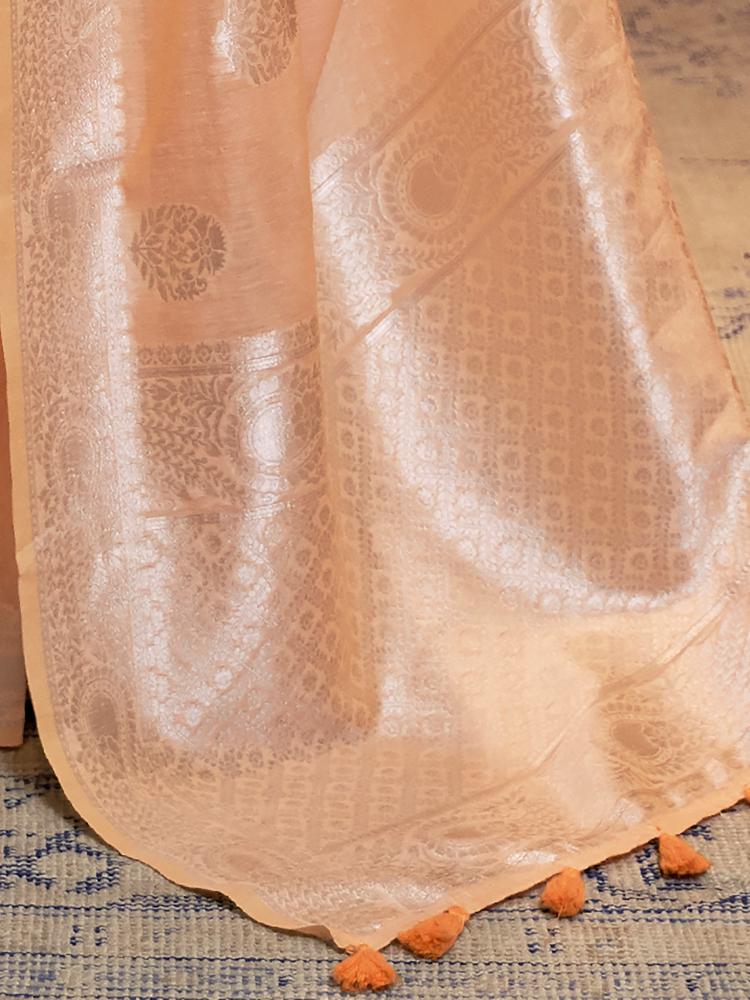 Ivory Brown Brocade Woven Linen Silk Saree