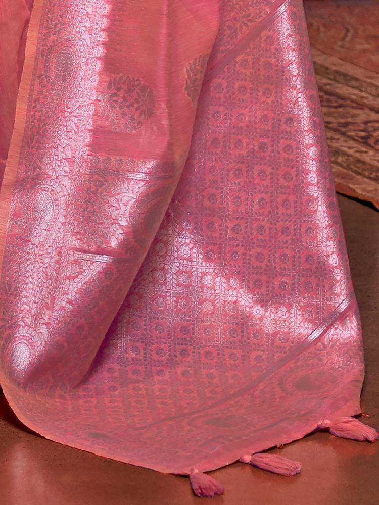 Lemonade Pink Brocade Woven Linen Silk Saree