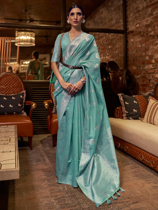 Stone Green Brocade Woven Linen Silk Saree