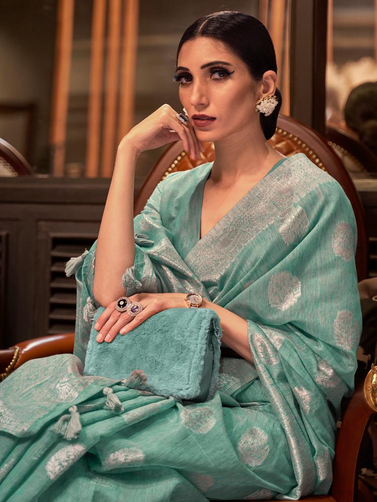 Stone Green Brocade Woven Linen Silk Saree