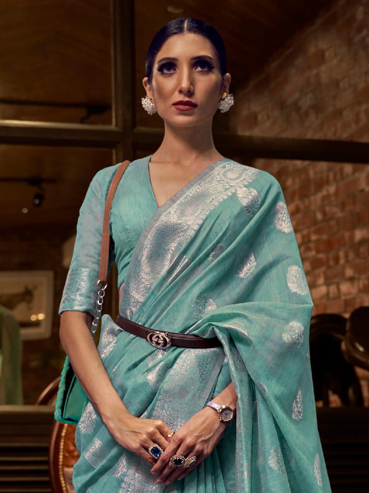 Stone Green Brocade Woven Linen Silk Saree