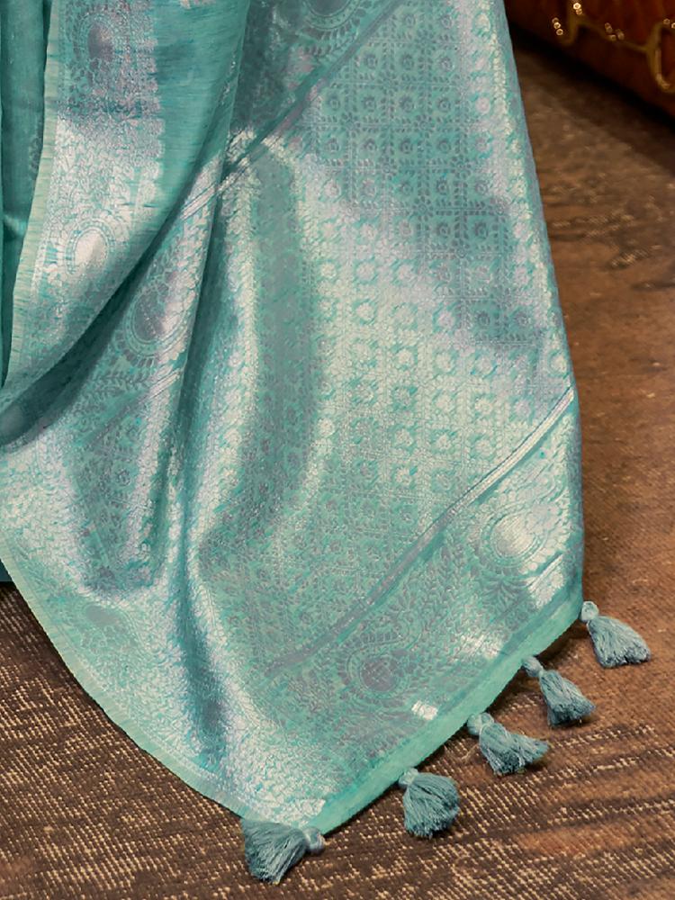 Stone Green Brocade Woven Linen Silk Saree