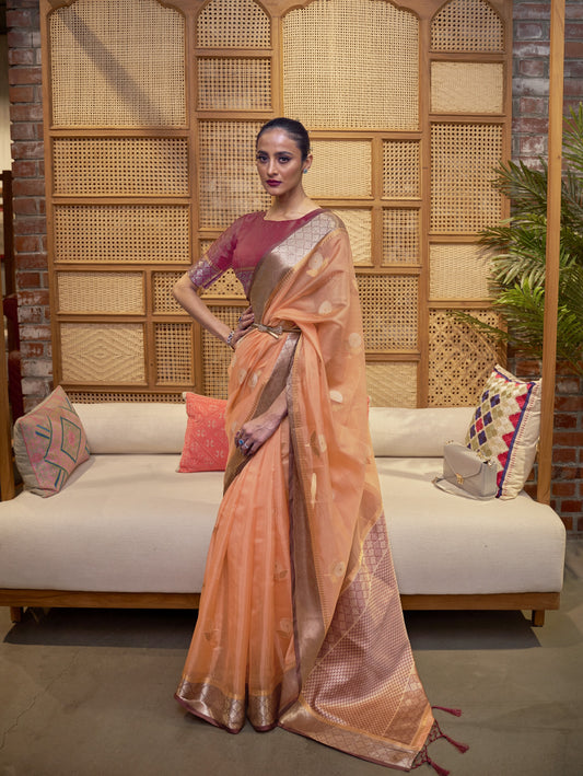 Pale Copper Organza Silk Saree