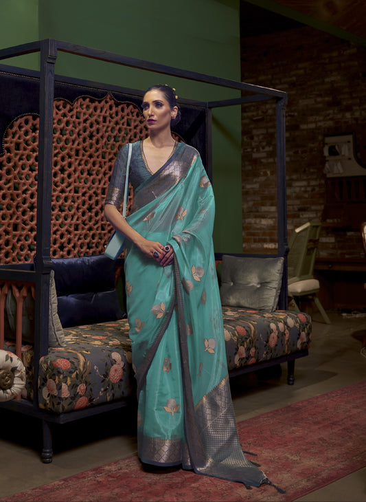 Greyish Turquoise Organza Silk Saree