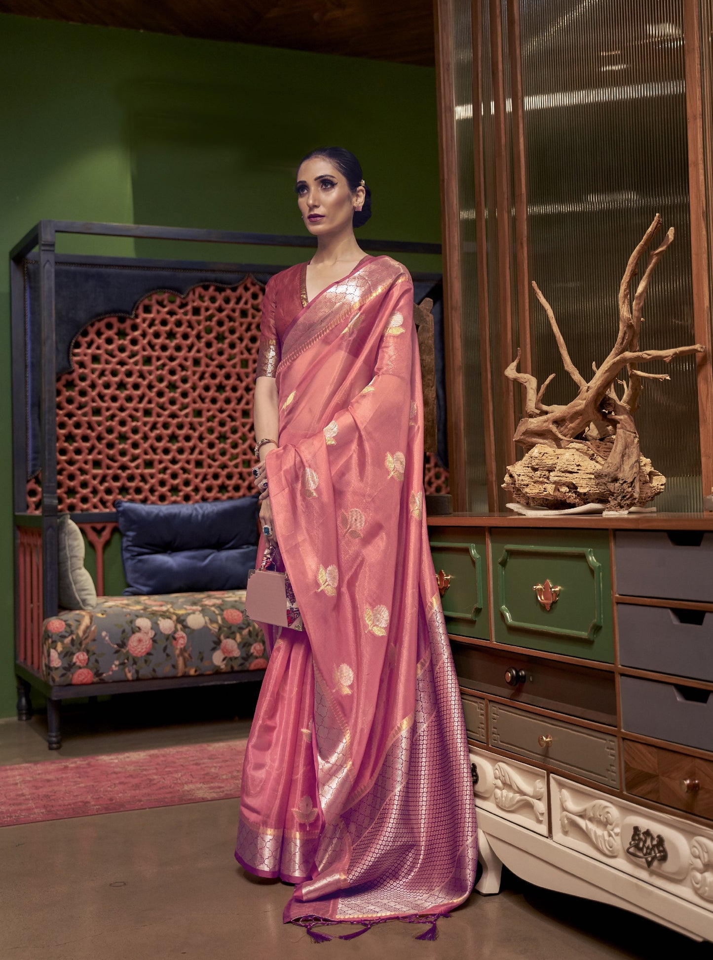 Light Coral Organza Silk Saree