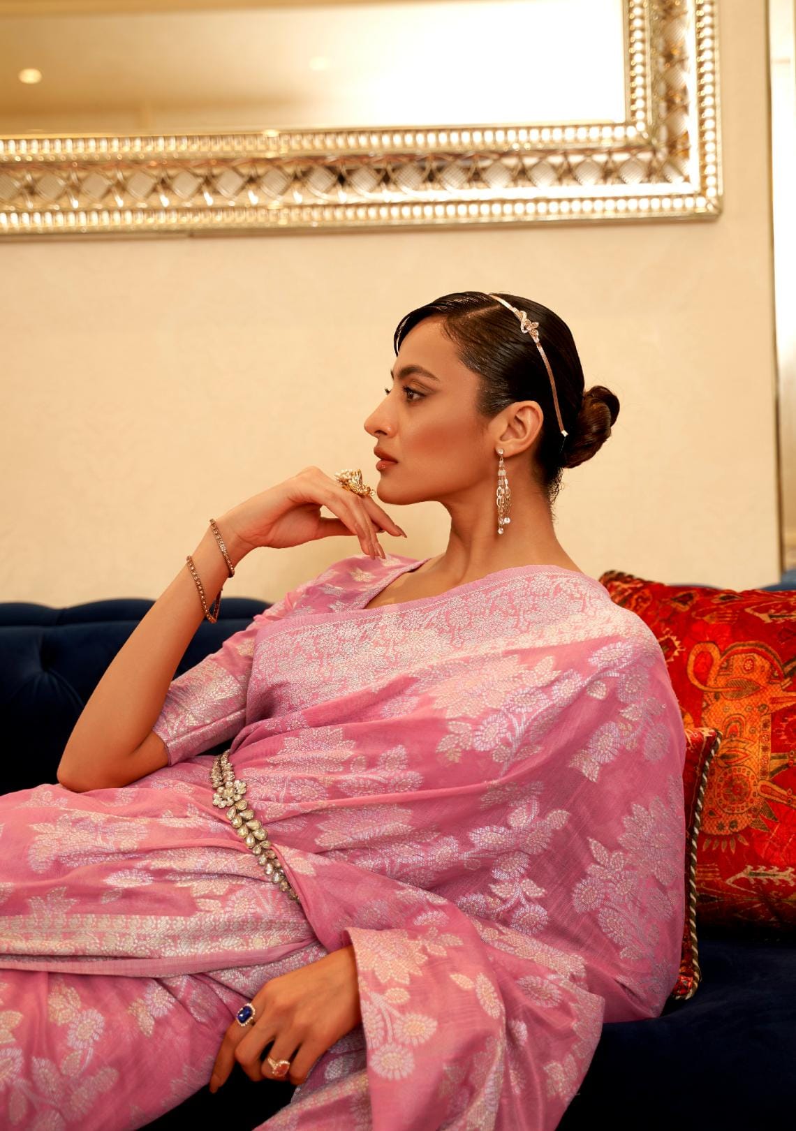 Light Pink Zari Woven Lucknowi Chikankari Saree