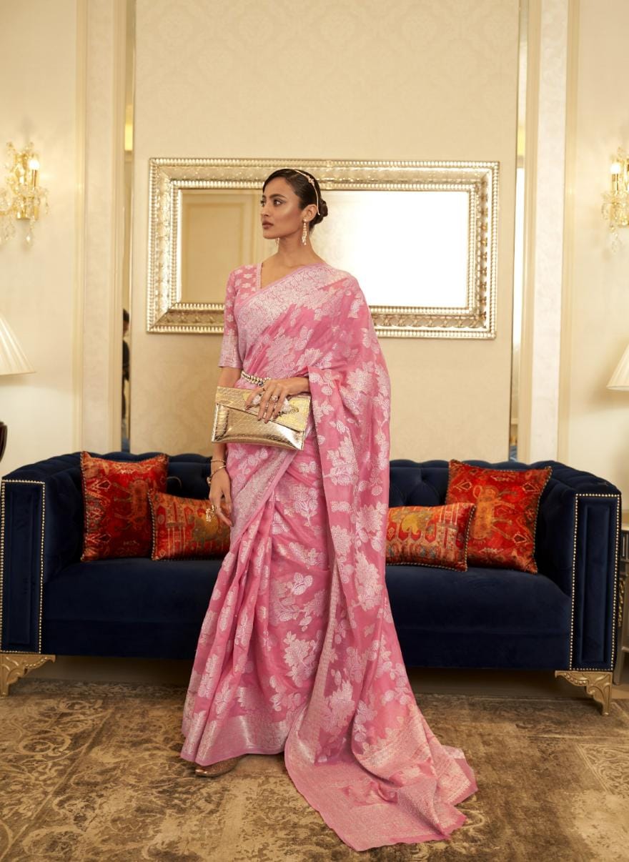 Light Pink Zari Woven Lucknowi Chikankari Saree