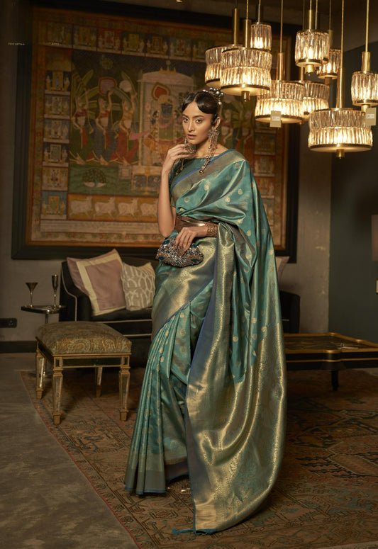 Broccoli Green Handloom Brocade Woven Kanjivaram Silk Saree