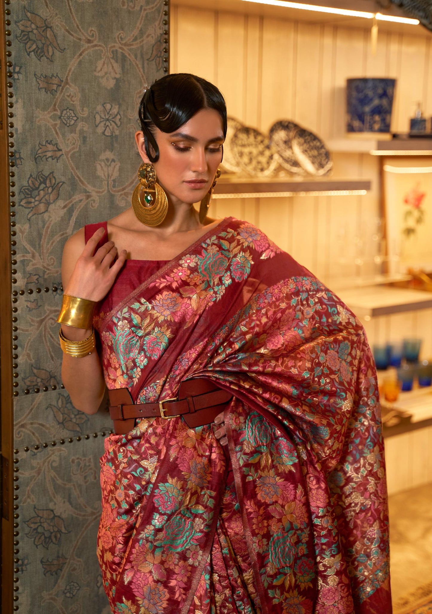 Mahogany Red Kashmiri Woven Modal Silk Saree