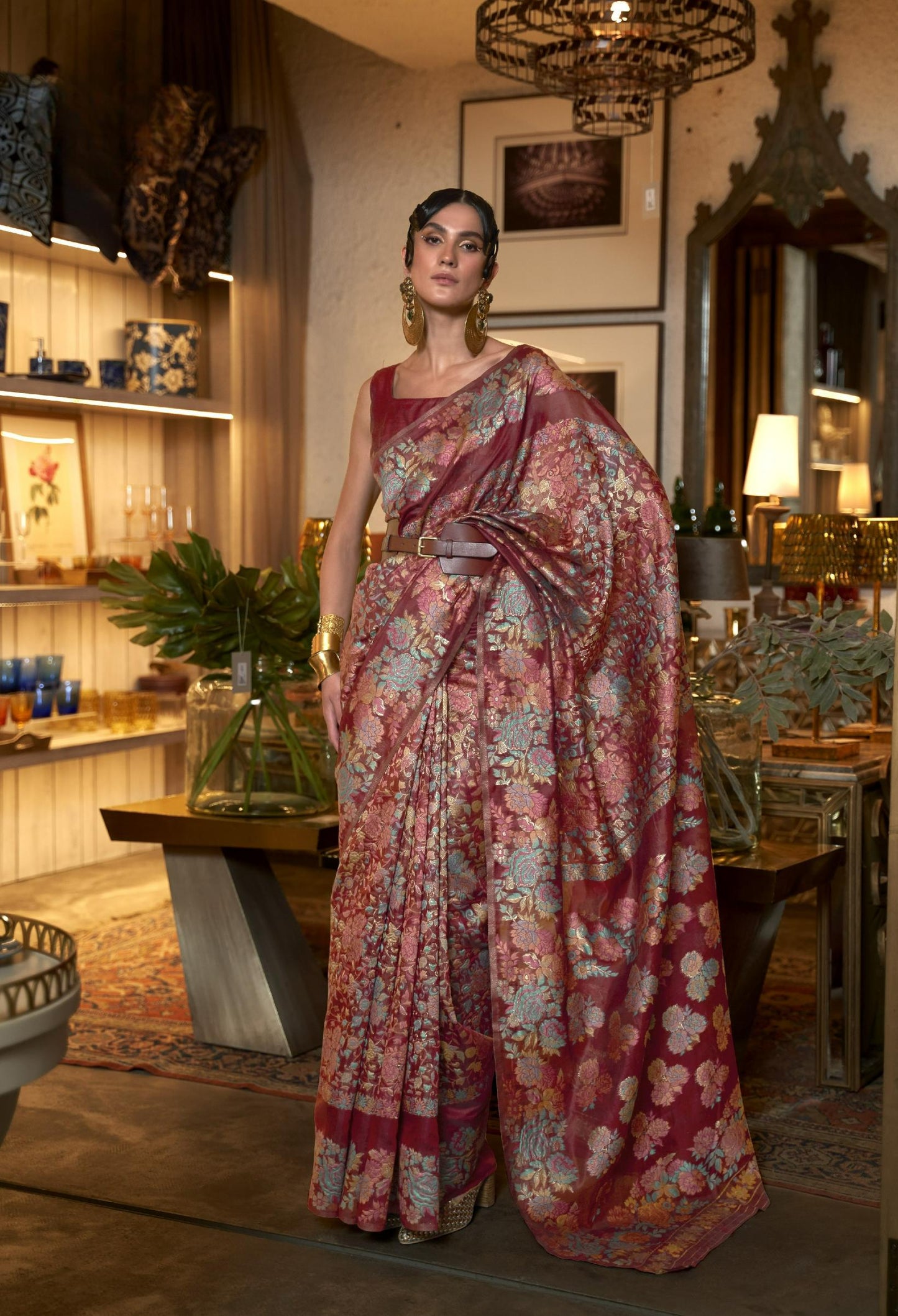 Mahogany Red Kashmiri Woven Modal Silk Saree