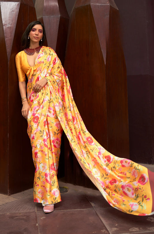 Daisy Bloom Floral Printed Satin Crepe Silk Saree