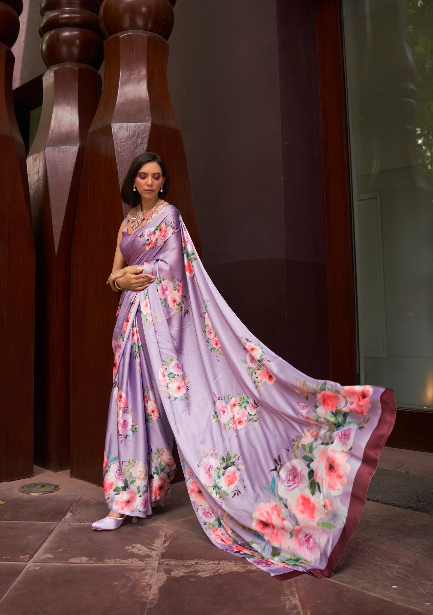 Purple Blossom Floral Printed Satin Crepe Silk Saree