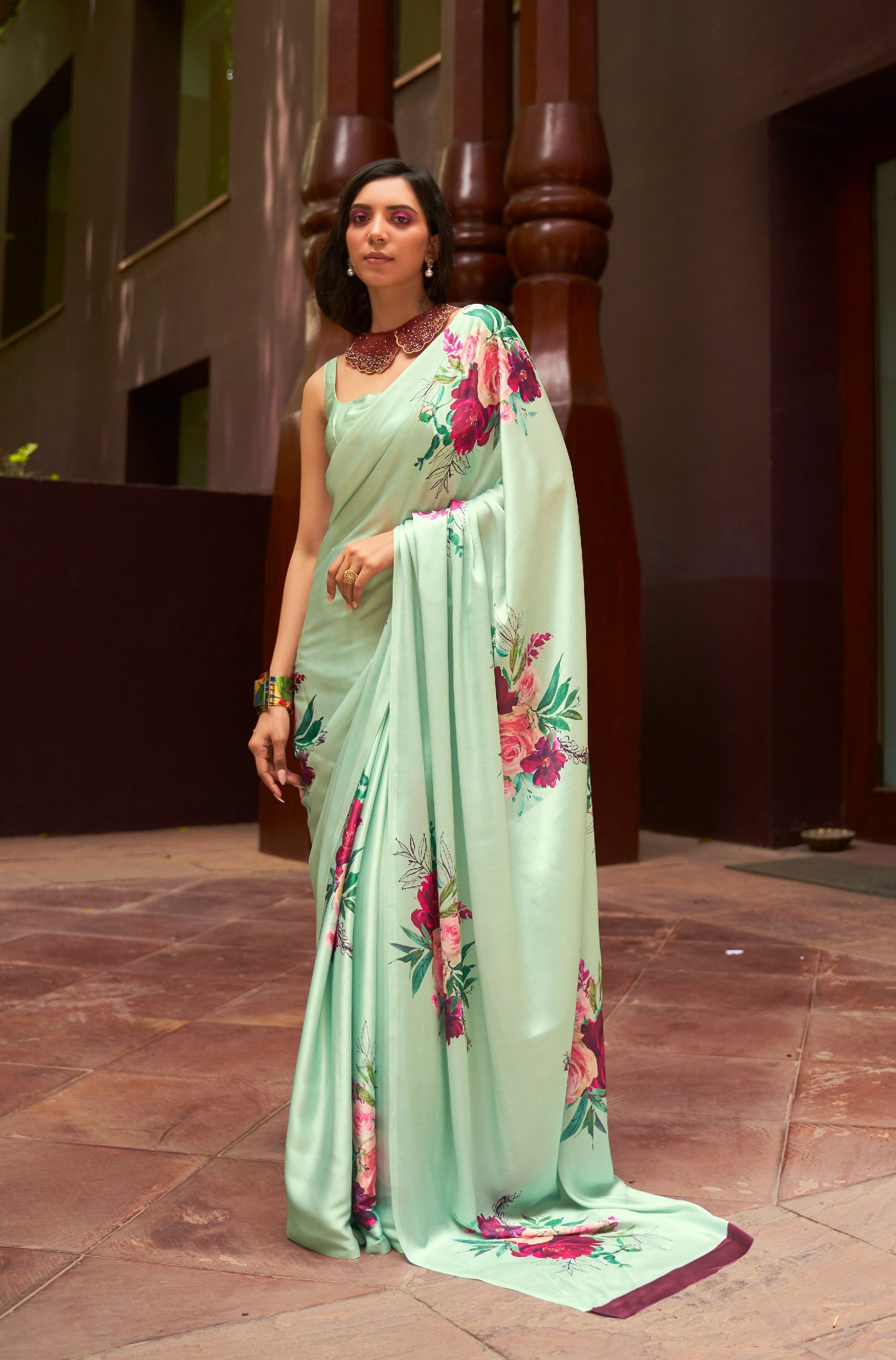 Garden Green Floral Printed Satin Crepe Silk Saree