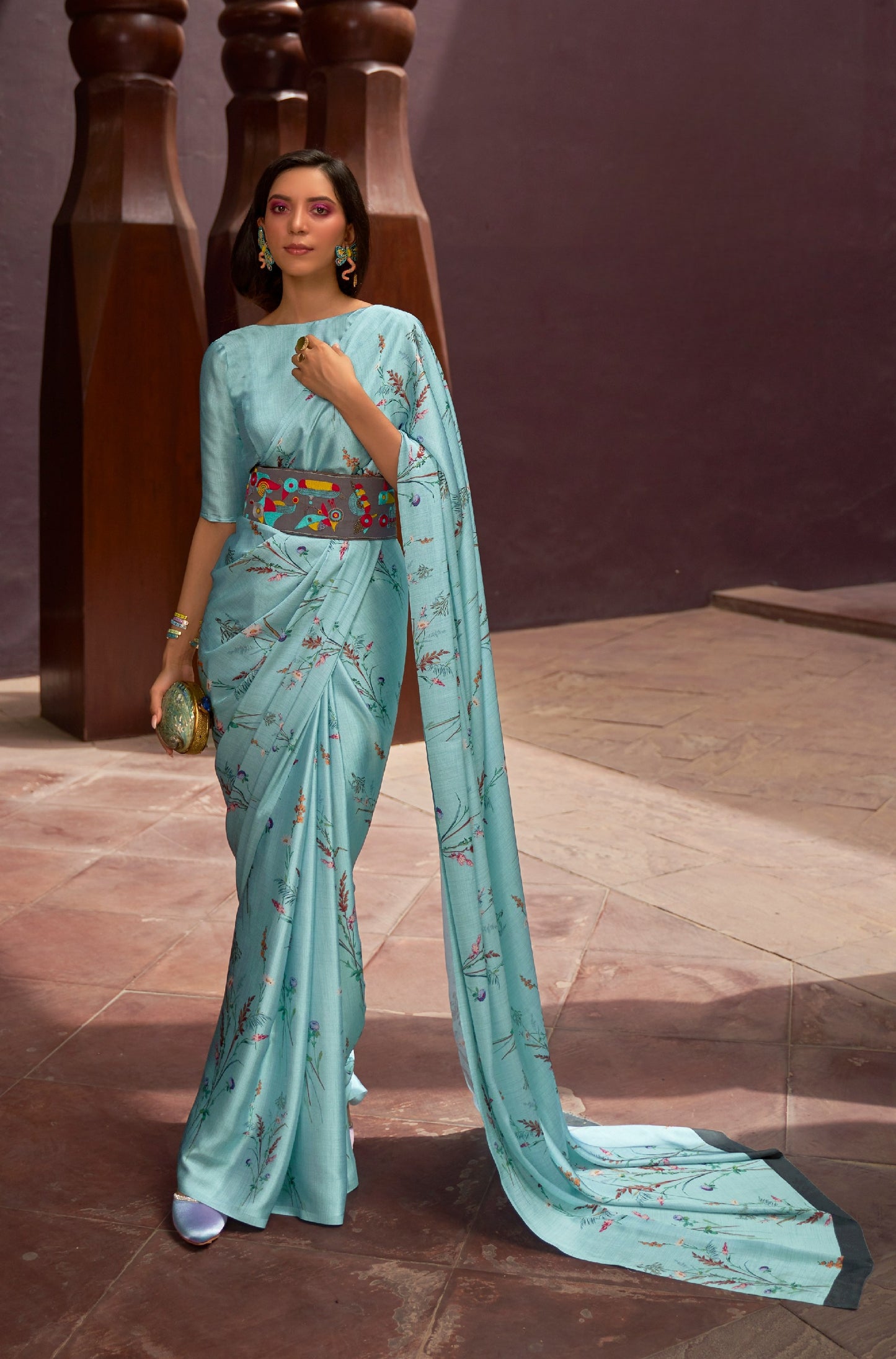 Sage Blue Floral Printed Satin Crepe Silk Saree