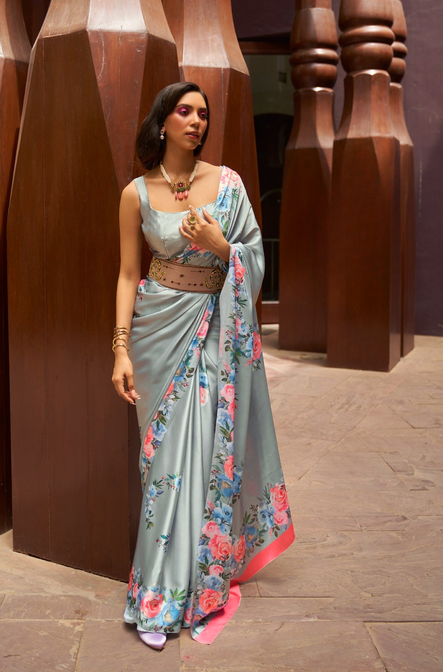 Soot Grey Floral Printed Satin Crepe Silk Saree